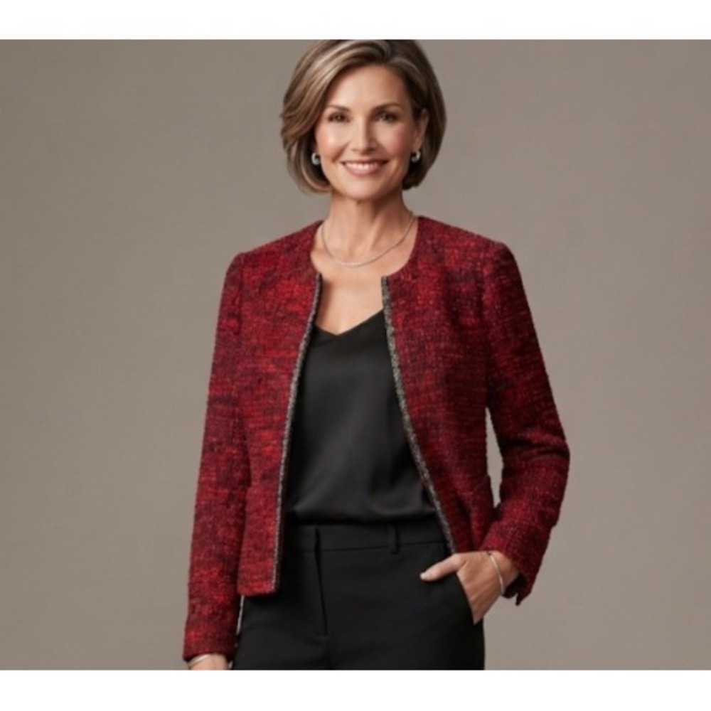 Chicos Red Tweed Beaded Trim Open Front Blazer Jacket Women Size 0 Small 4501294